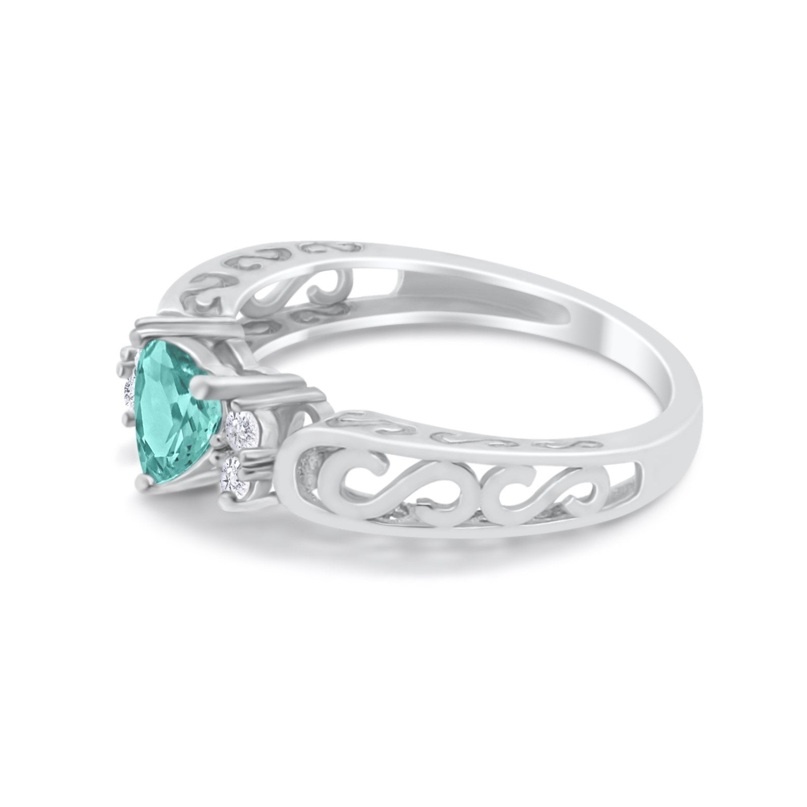 Filigree Heart Promise Wedding Ring Simulated Paraiba Tourmaline CZ 925 Sterling Silver