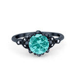 Art Deco Fashion Ring Round Black Tone, Simulated Paraiba Tourmaline CZ 925 Sterling Silver