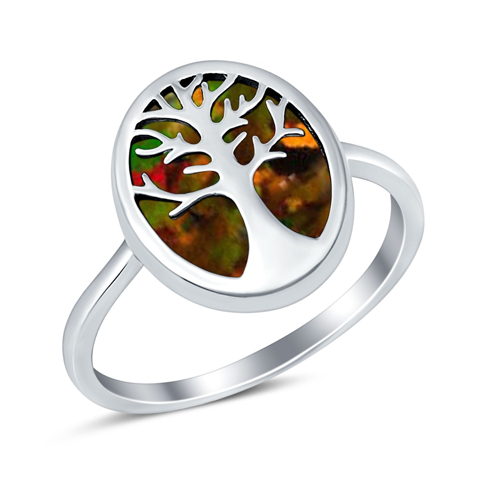 Oval Tree of Life Ring Lab Created Black Opal Rhodium Plated 925 Sterling Silver