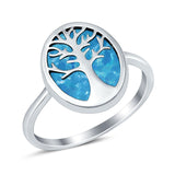 Oval Tree of Life Ring Lab Created Blue Opal Rhodium Plated 925 Sterling Silver