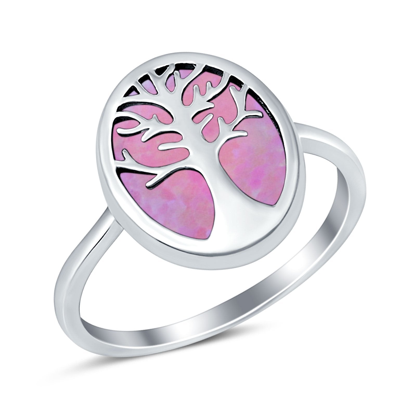 Oval Tree of Life Ring Lab Created Pink Opal Rhodium Plated 925 Sterling Silver