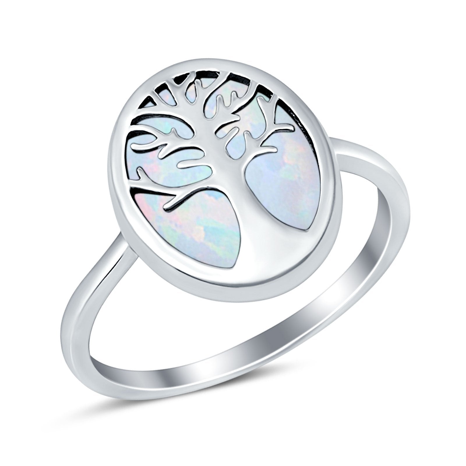 Oval Tree of Life Ring Lab Created White Opal Rhodium Plated 925 Sterling Silver