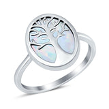 Oval Tree of Life Ring Lab Created White Opal Rhodium Plated 925 Sterling Silver