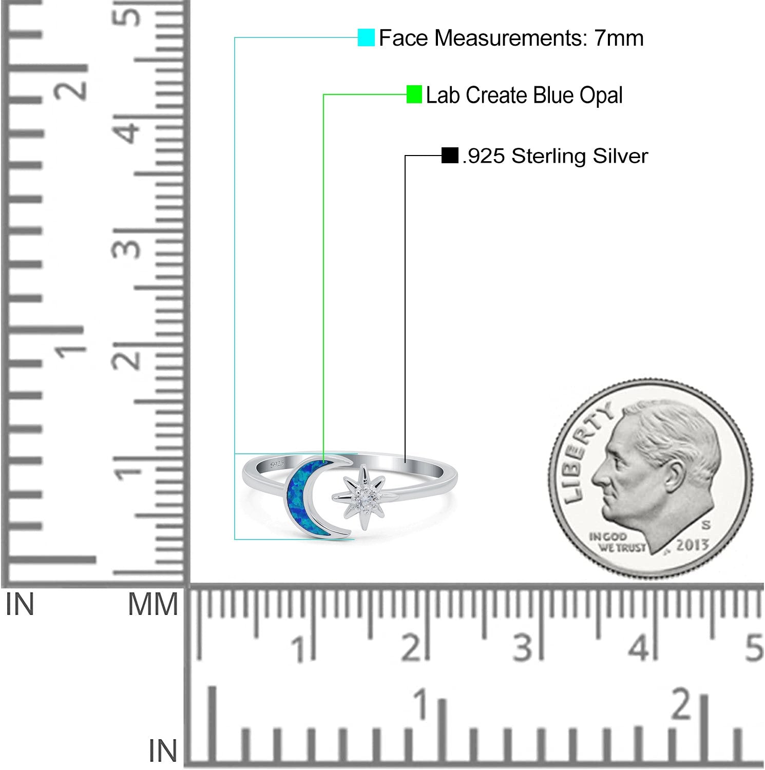 Moon & Star Ring Lab Created Blue Opal Simulated Cubic Zirconia 925 Sterling Silver