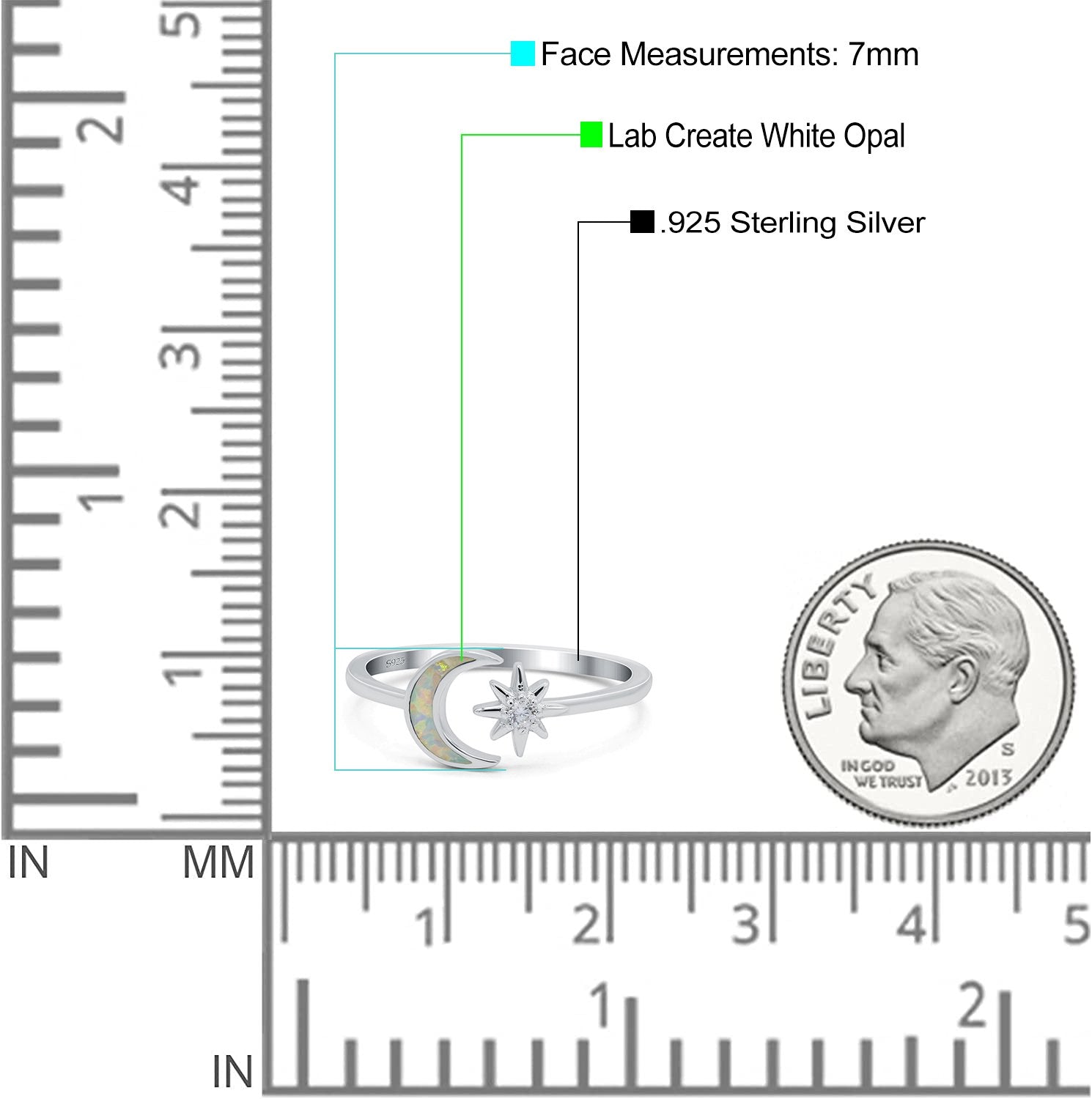 Moon & Star Ring Lab Created White Opal Simulated Cubic Zirconia 925 Sterling Silver