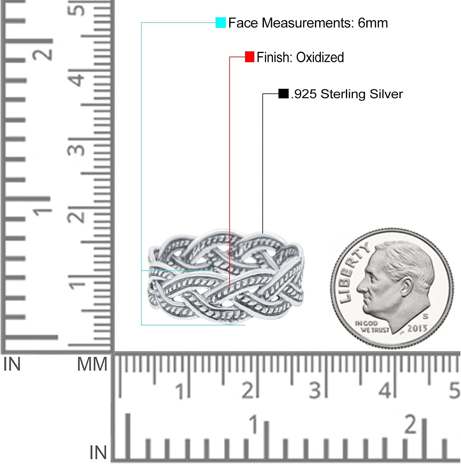 Braid Band Oxidized Ring Solid 925 Sterling Silver (6mm)