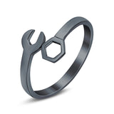 Mechanical Wrench Band Black Tone, Plain Ring 925 Sterling Silver