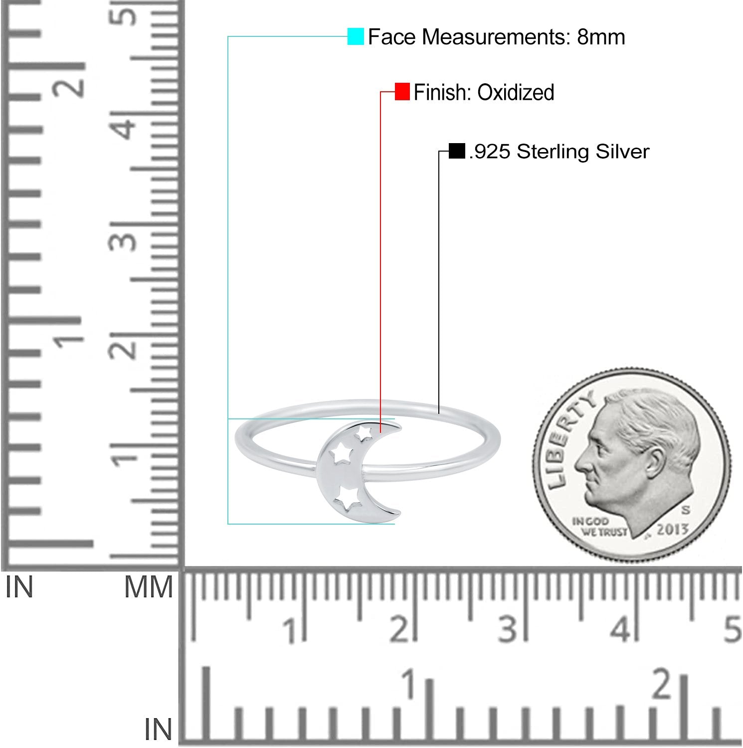 Moon with Stars Ring Oxidized Band Solid 925 Sterling Silver (8mm)