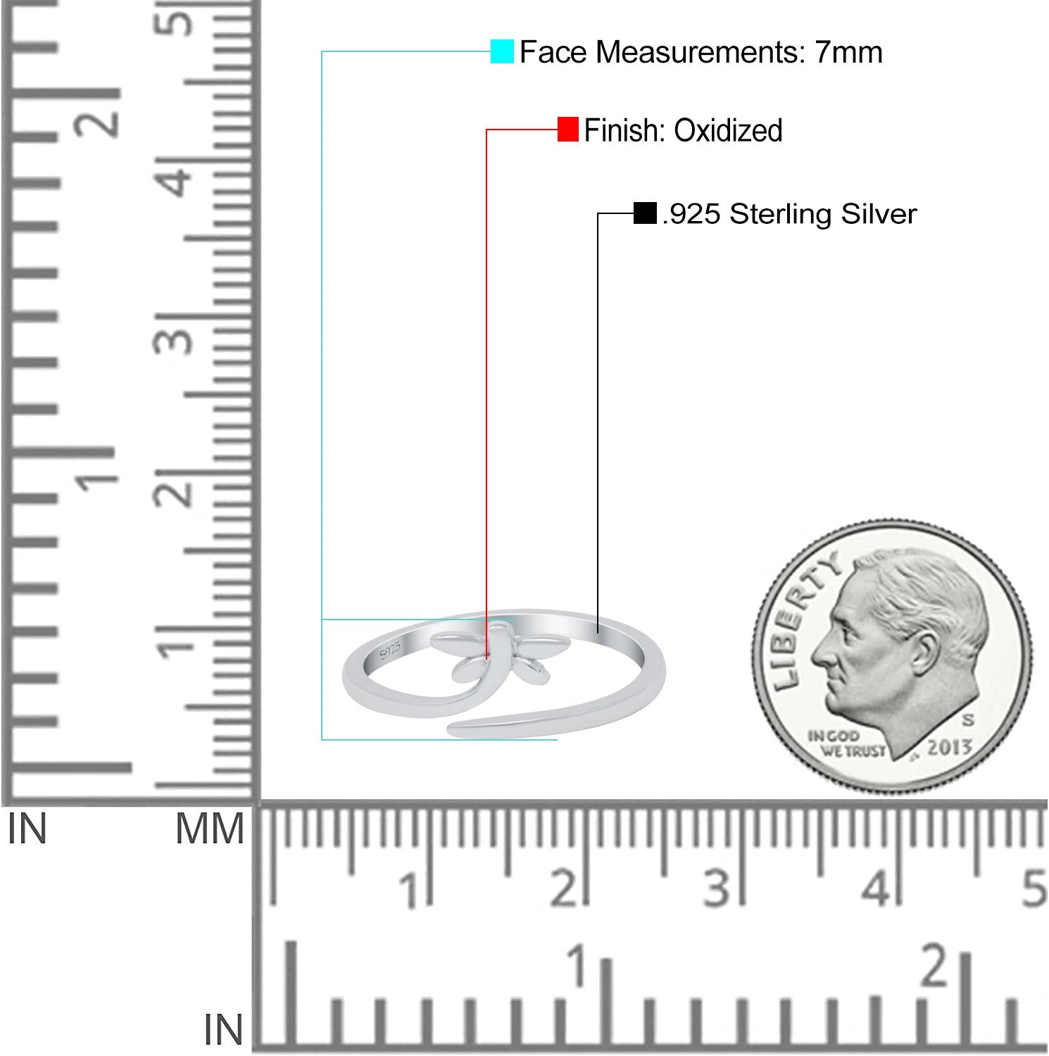 Dragonfly Band Oxidized Thumb Ring Solid 925 Sterling Silver (7mm)