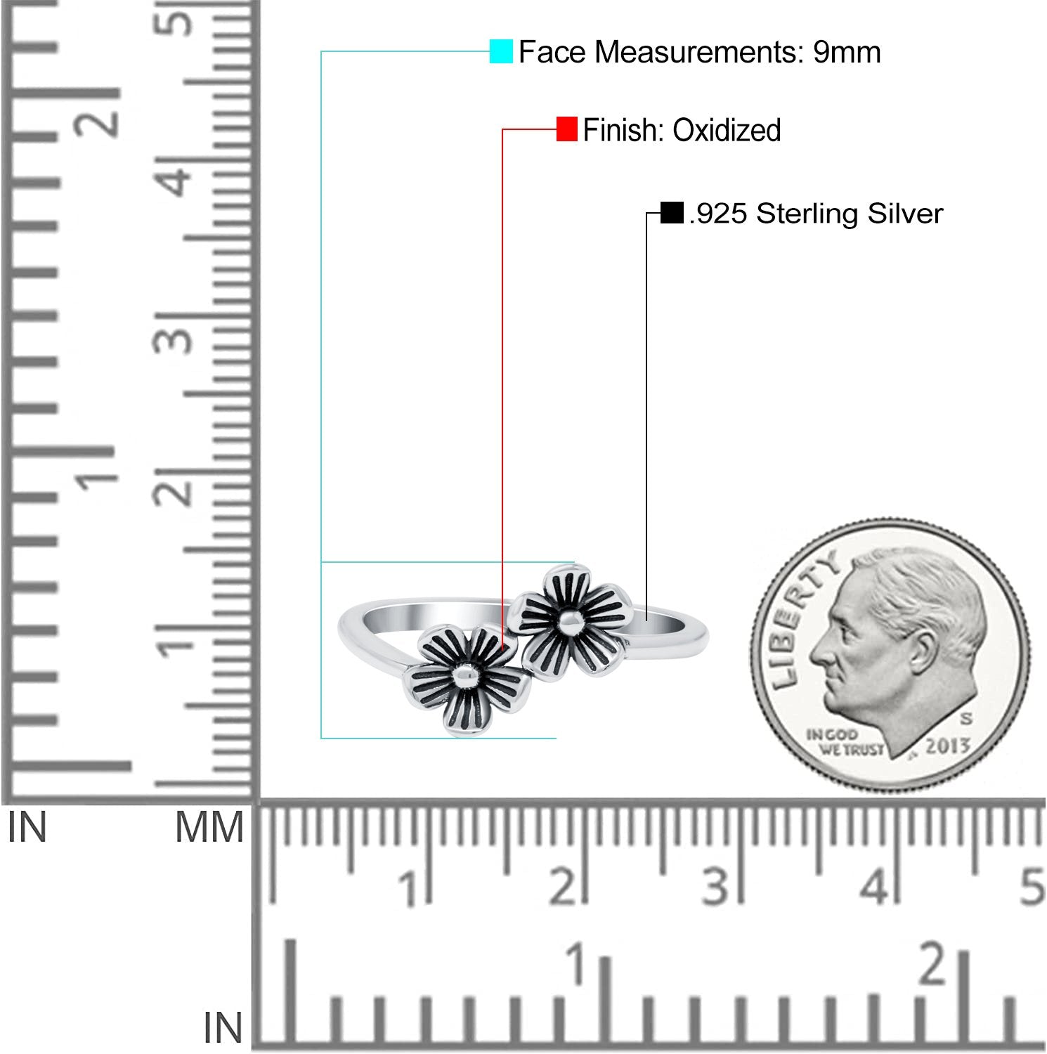 Flowers Band Oxidized Solid 925 Sterling Silver Thumb Ring (9mm)