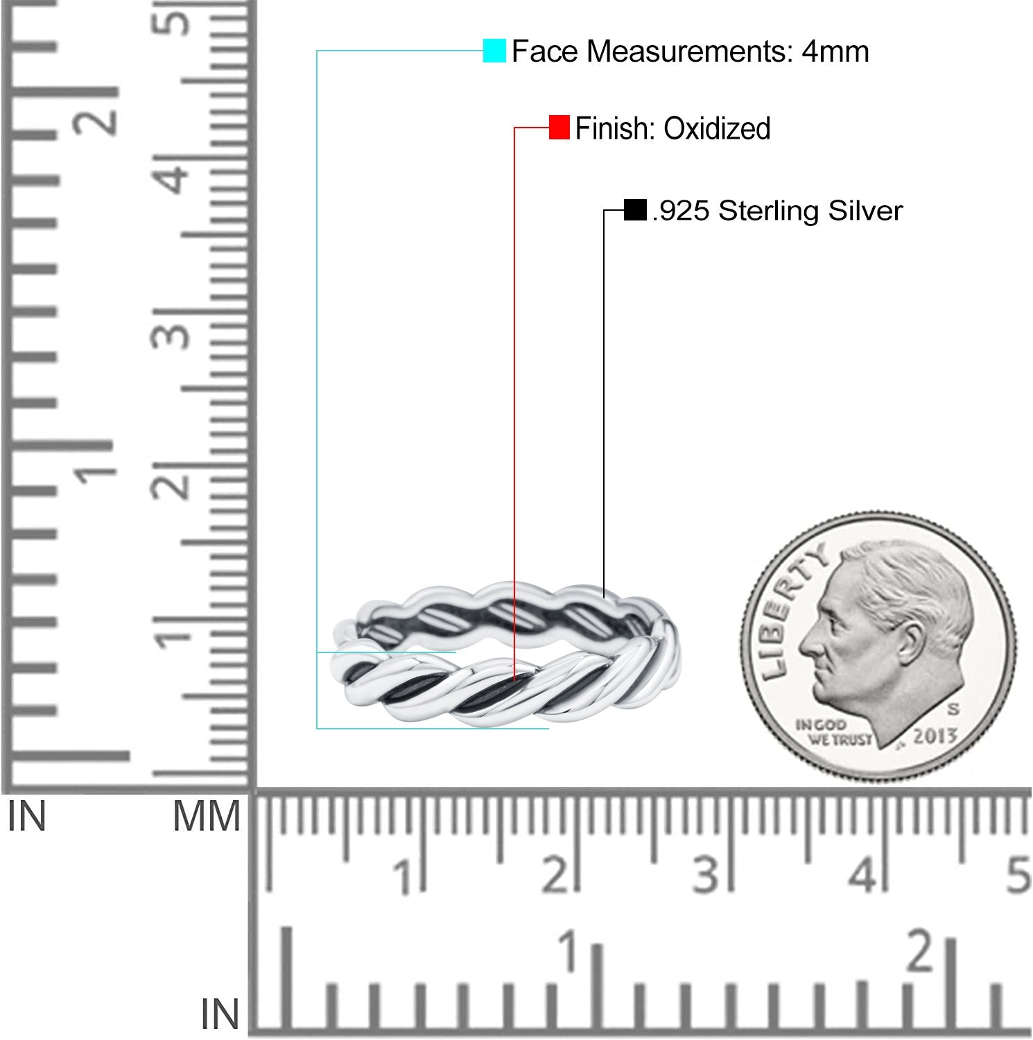 Rope Oxidized Band Solid 925 Sterling Silver Thumb Ring (4mm)