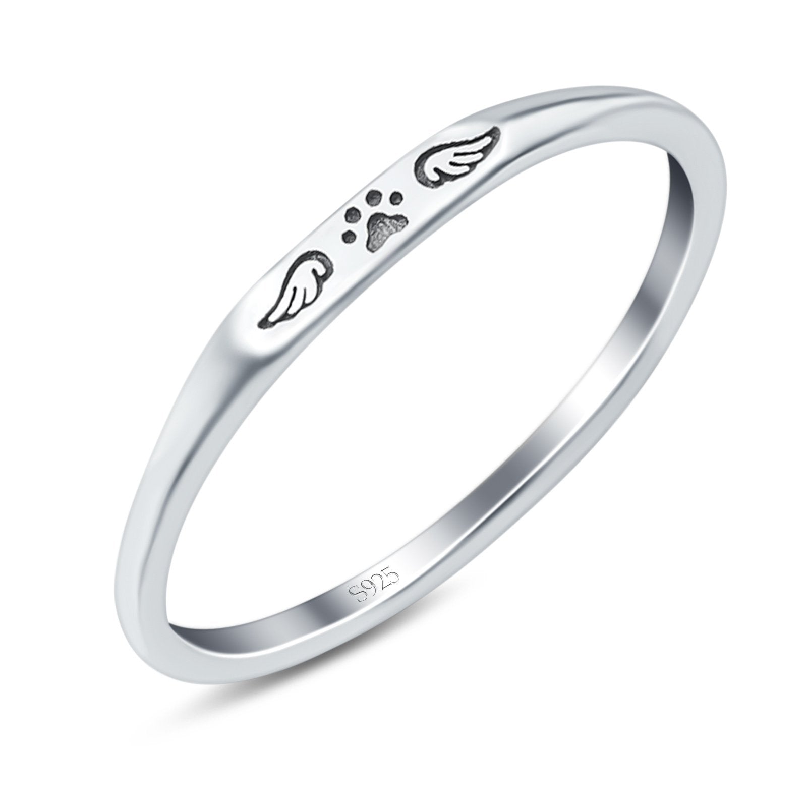 Paw Print & Wings Oxidized Band Solid 925 Sterling Silver Thumb Ring (2.2mm)