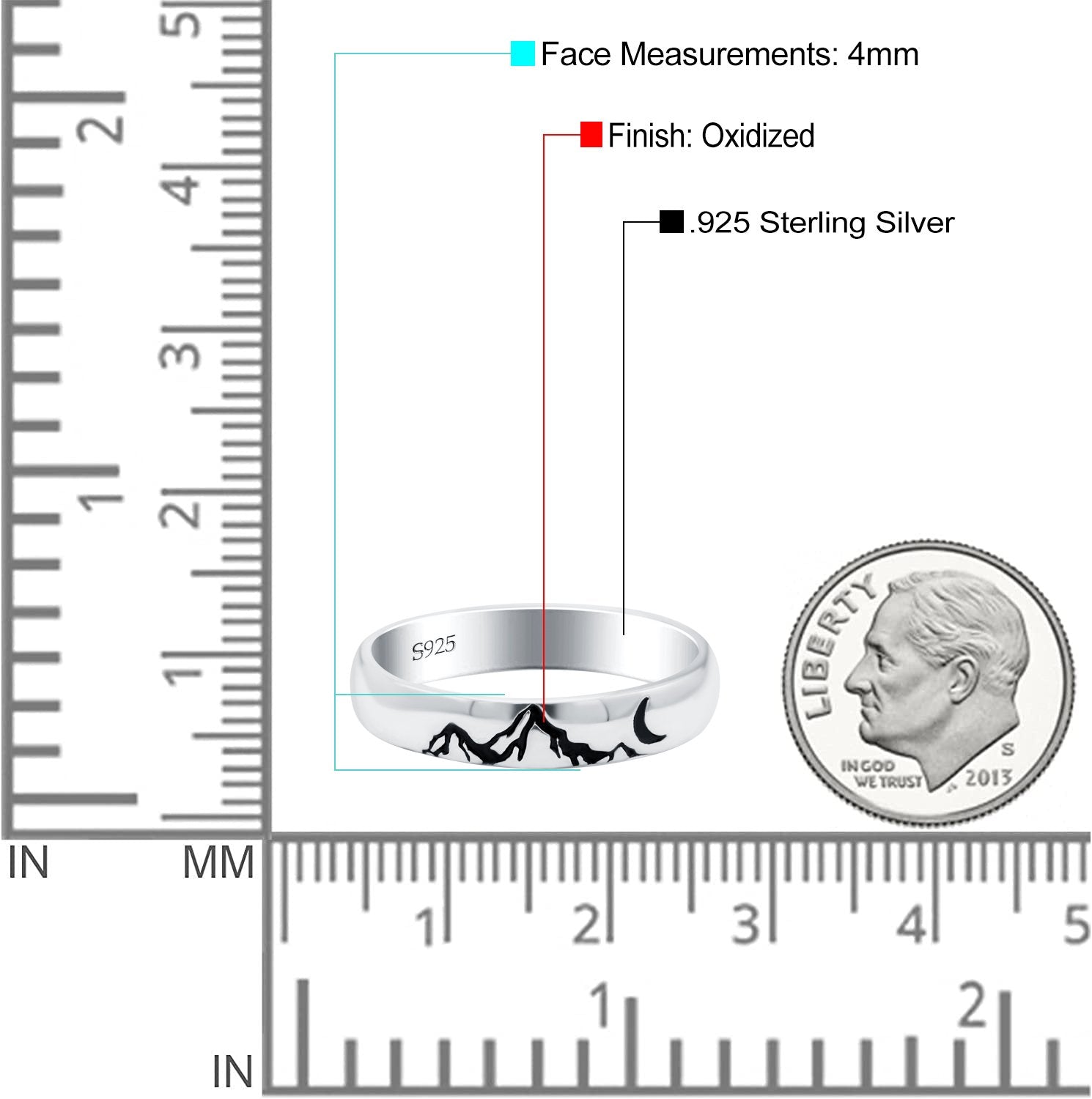 Mountains Oxidized Band Solid 925 Sterling Silver Thumb Ring (4mm)