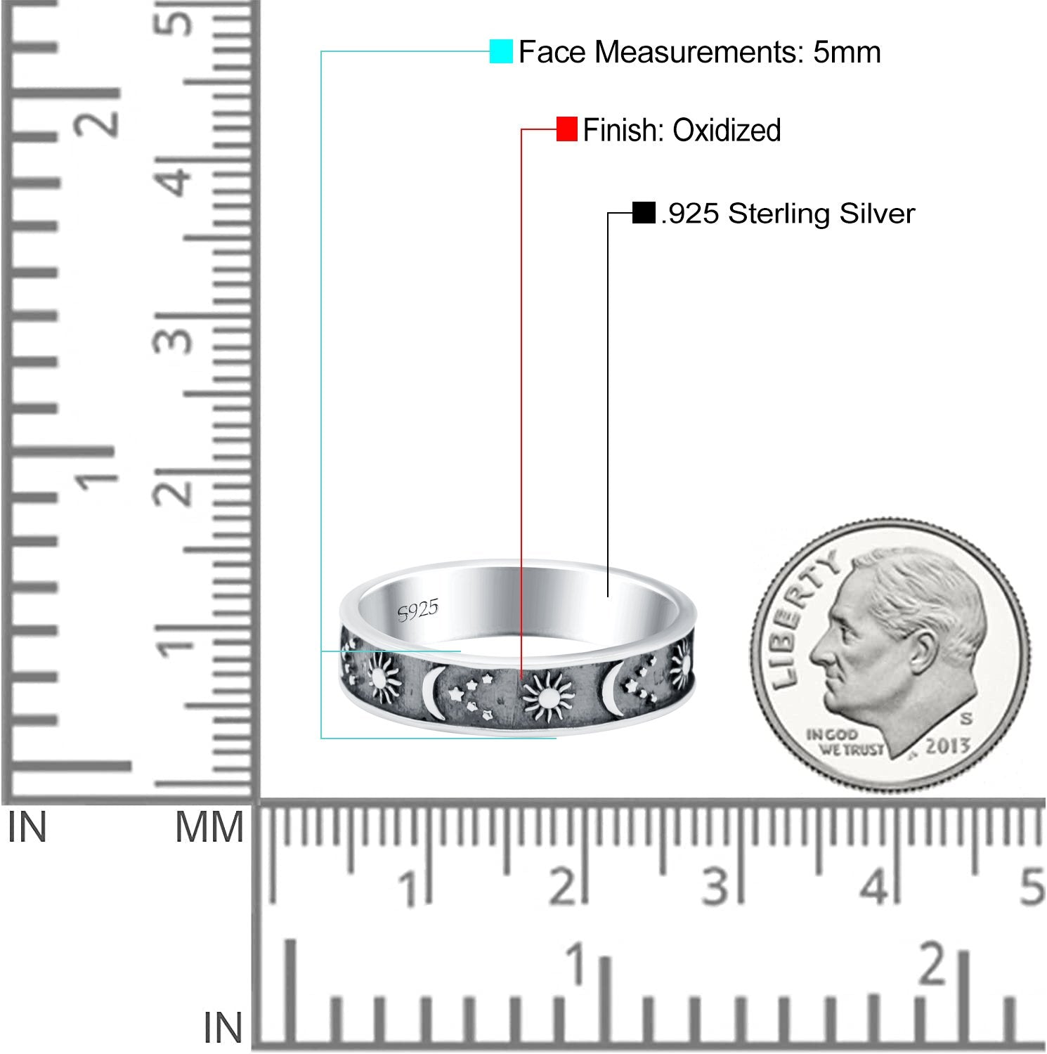 Sun, Moon, and Stars Oxidized Band Solid 925 Sterling Silver Thumb Ring (5mm)