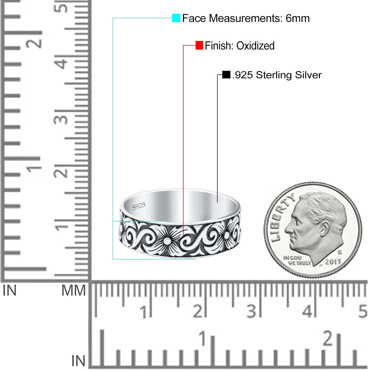 Filigree Vine Oxidized Band Solid 925 Sterling Silver Thumb Ring (6mm)