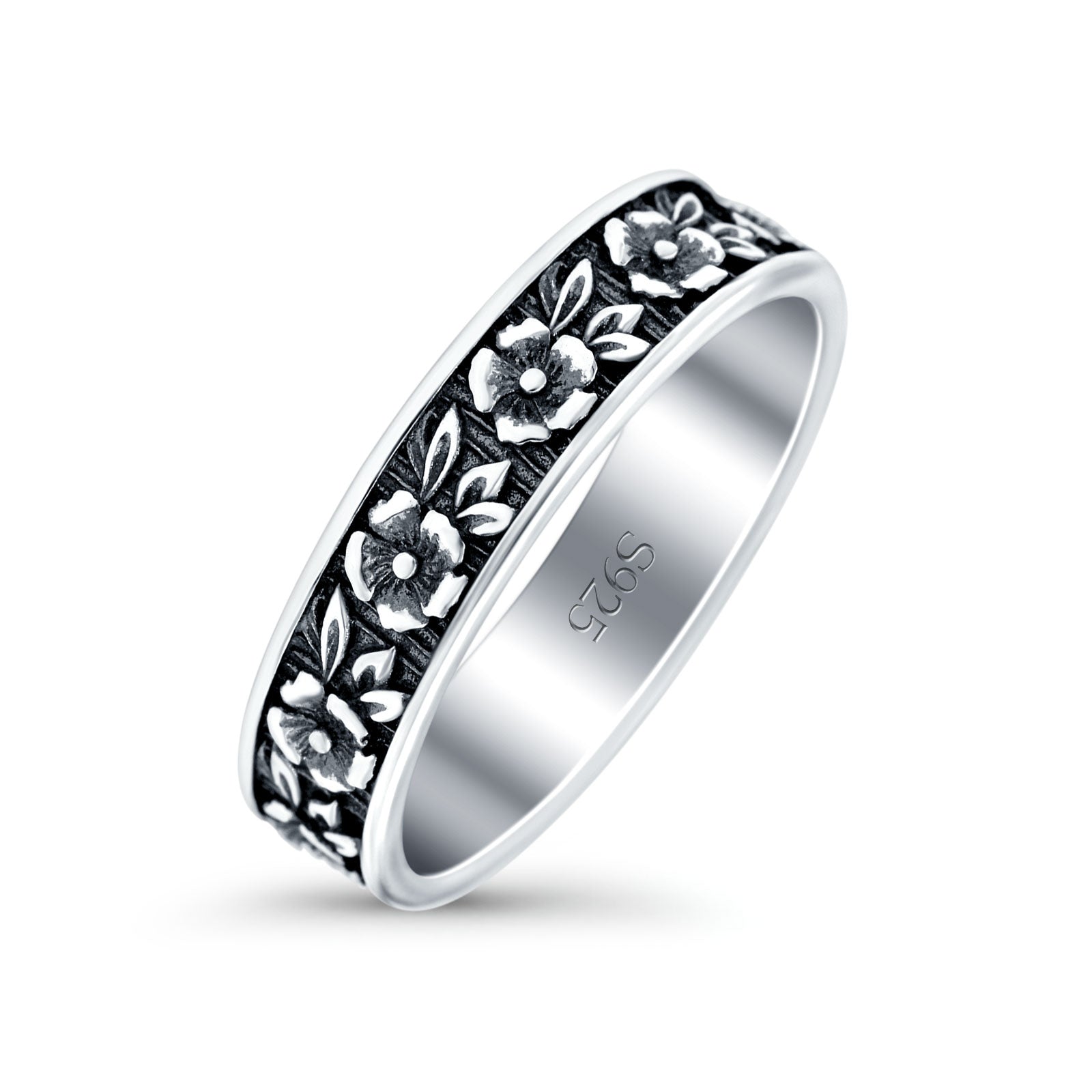 Flowers Oxidized Band Solid 925 Sterling Silver Thumb Ring (5mm)