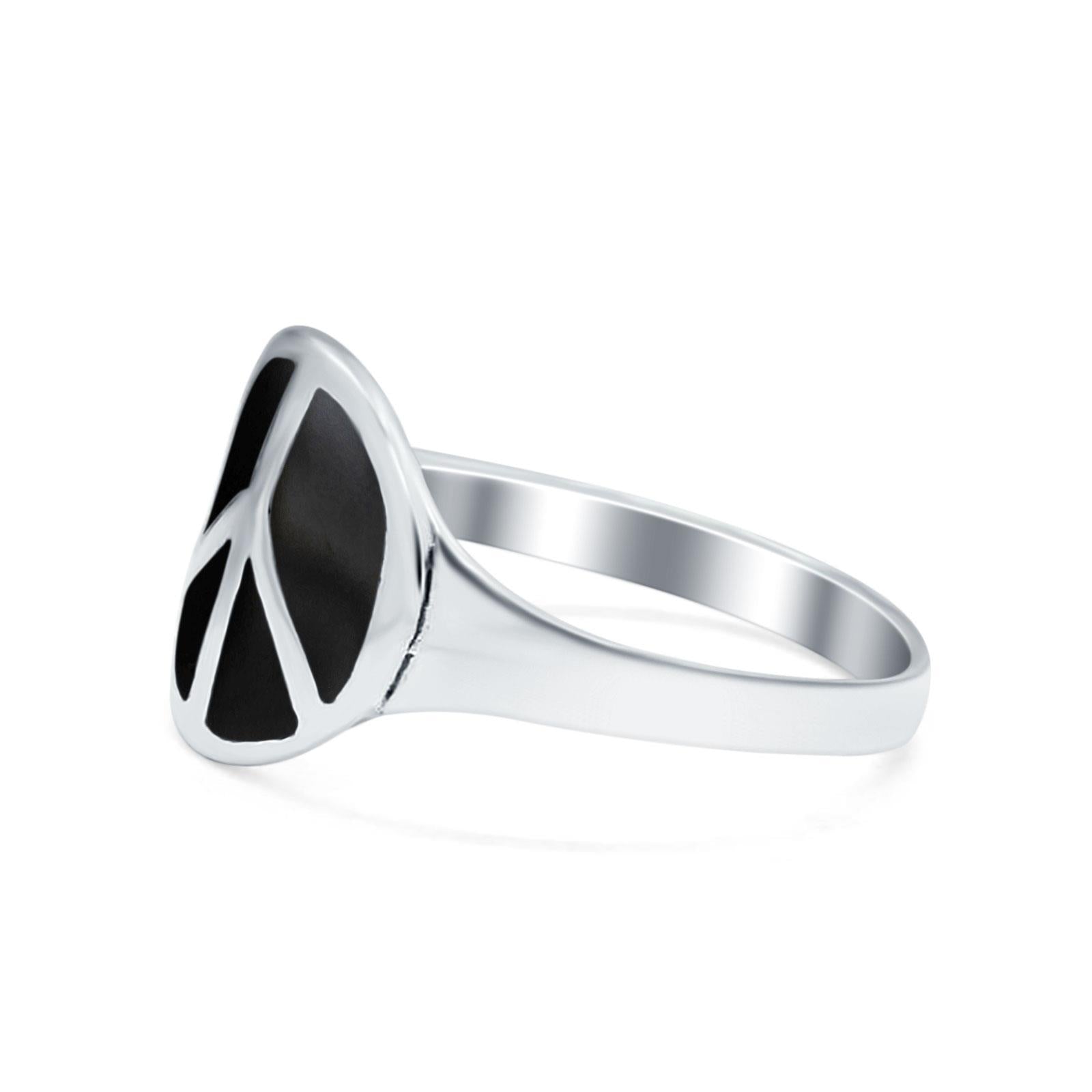 Peace Sign Ring Simulated Black Onyx 925 Sterling Silver