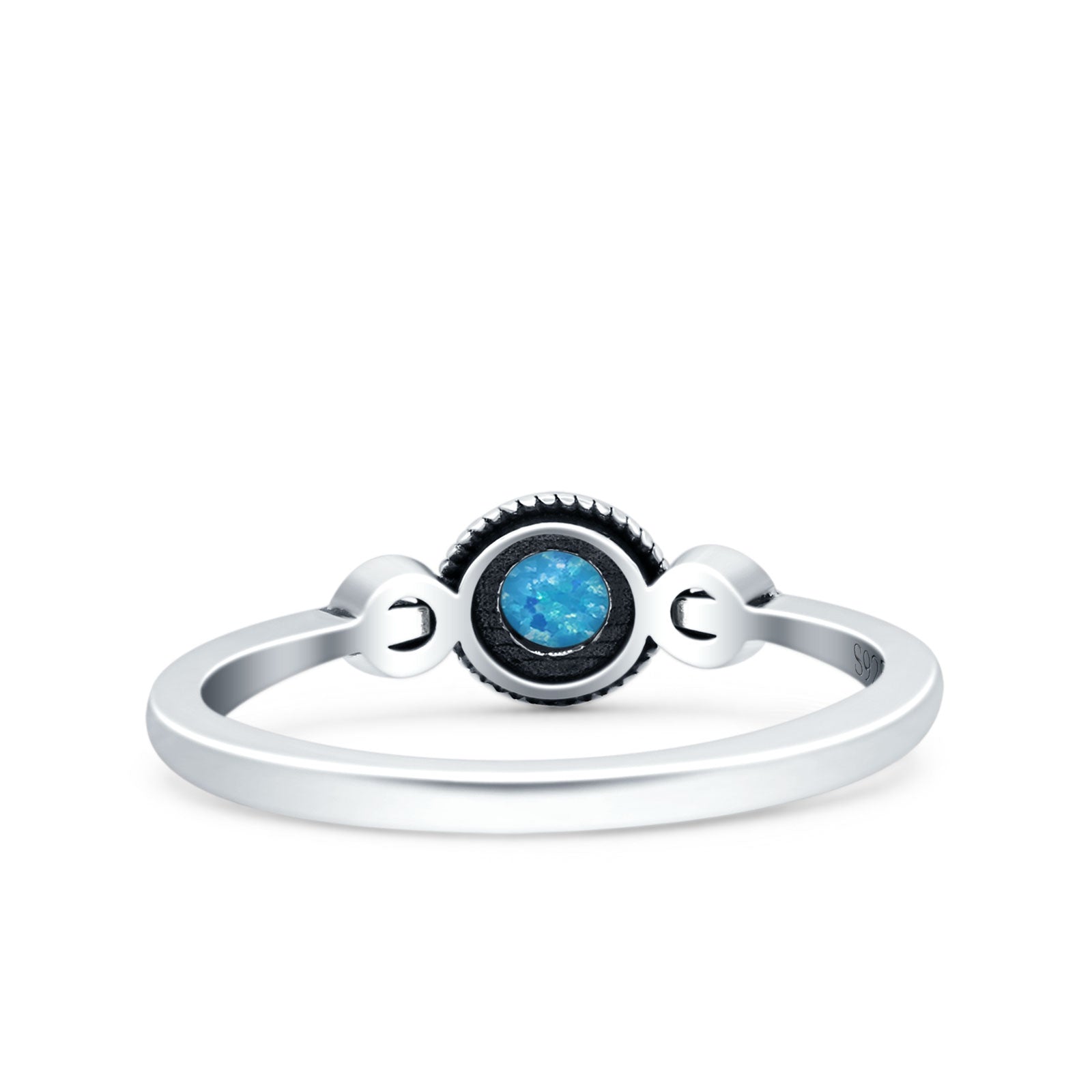 Promise Band Oxidized Round Lab Created Blue Opal Petite Dainty Ring 925 Sterling Silver