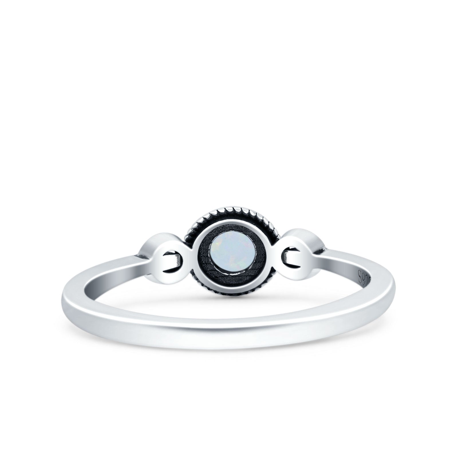 Promise Band Oxidized Round Lab Created White Opal Petite Dainty Ring 925 Sterling Silver