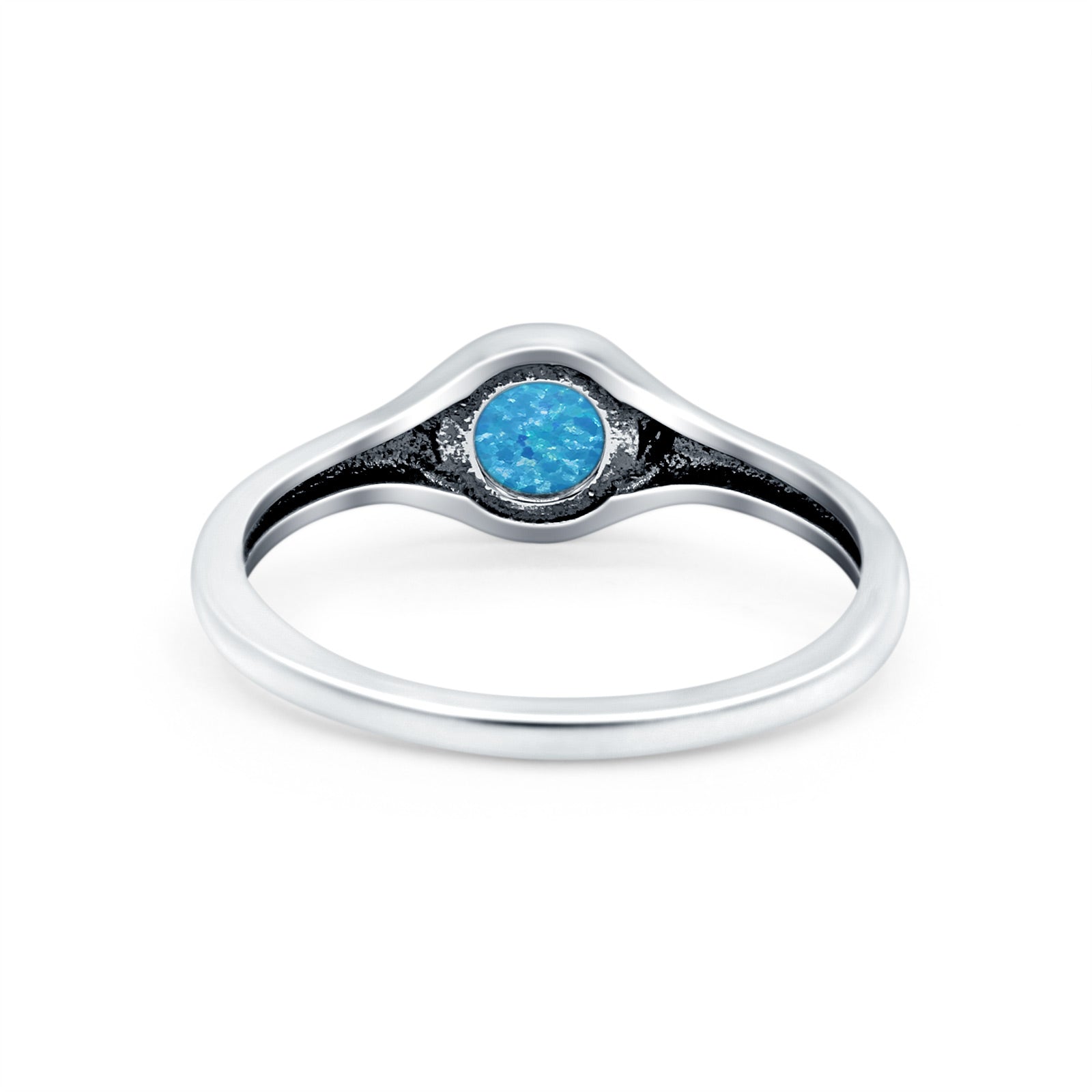 Petite Dainty Round Promise Ring Solid Oxidized Lab Created Blue Opal 925 Sterling Silver