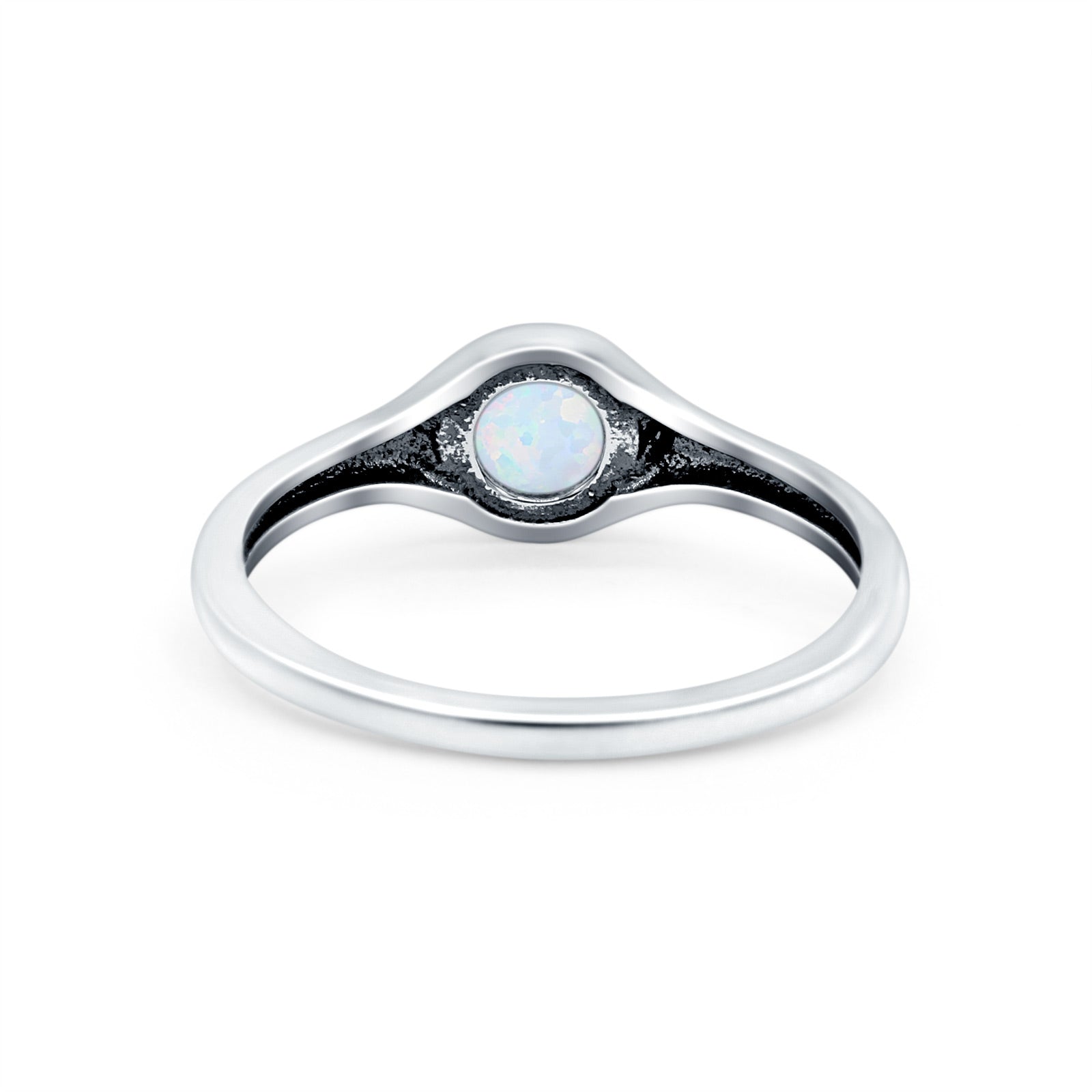 Petite Dainty Round Promise Ring Solid Oxidized Lab Created White Opal 925 Sterling Silver