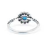 Flower Style Petite Dainty Round Ring Solid Oxidized Lab Created Blue Opal 925 Sterling Silver