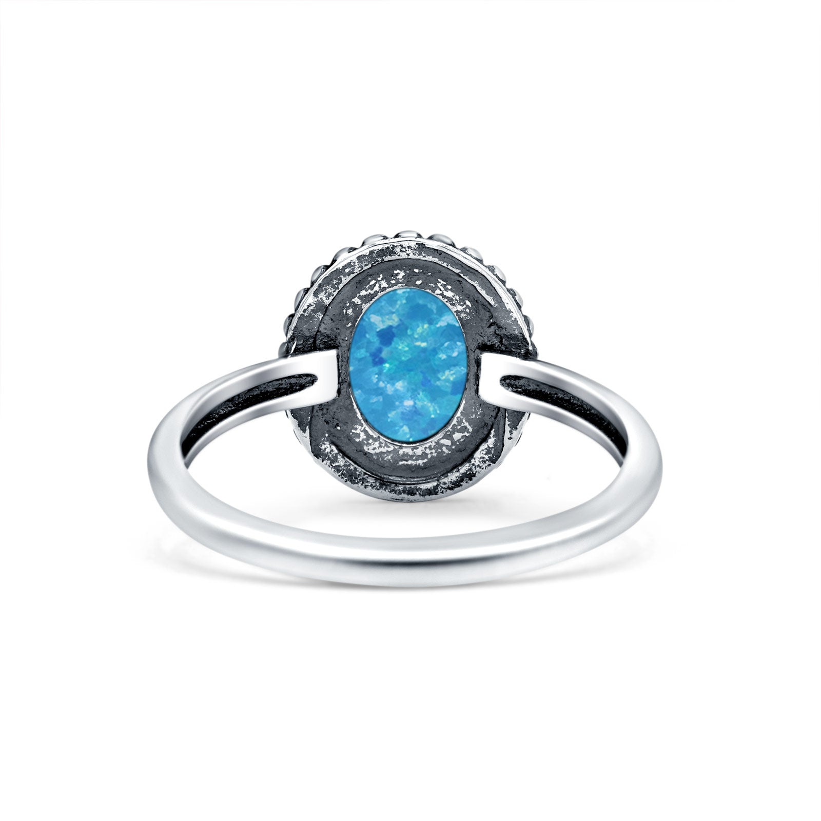Petite Dainty Lab Opal Ring Solid Round Oxidized Lab Created Blue Opal 925 Sterling Silver