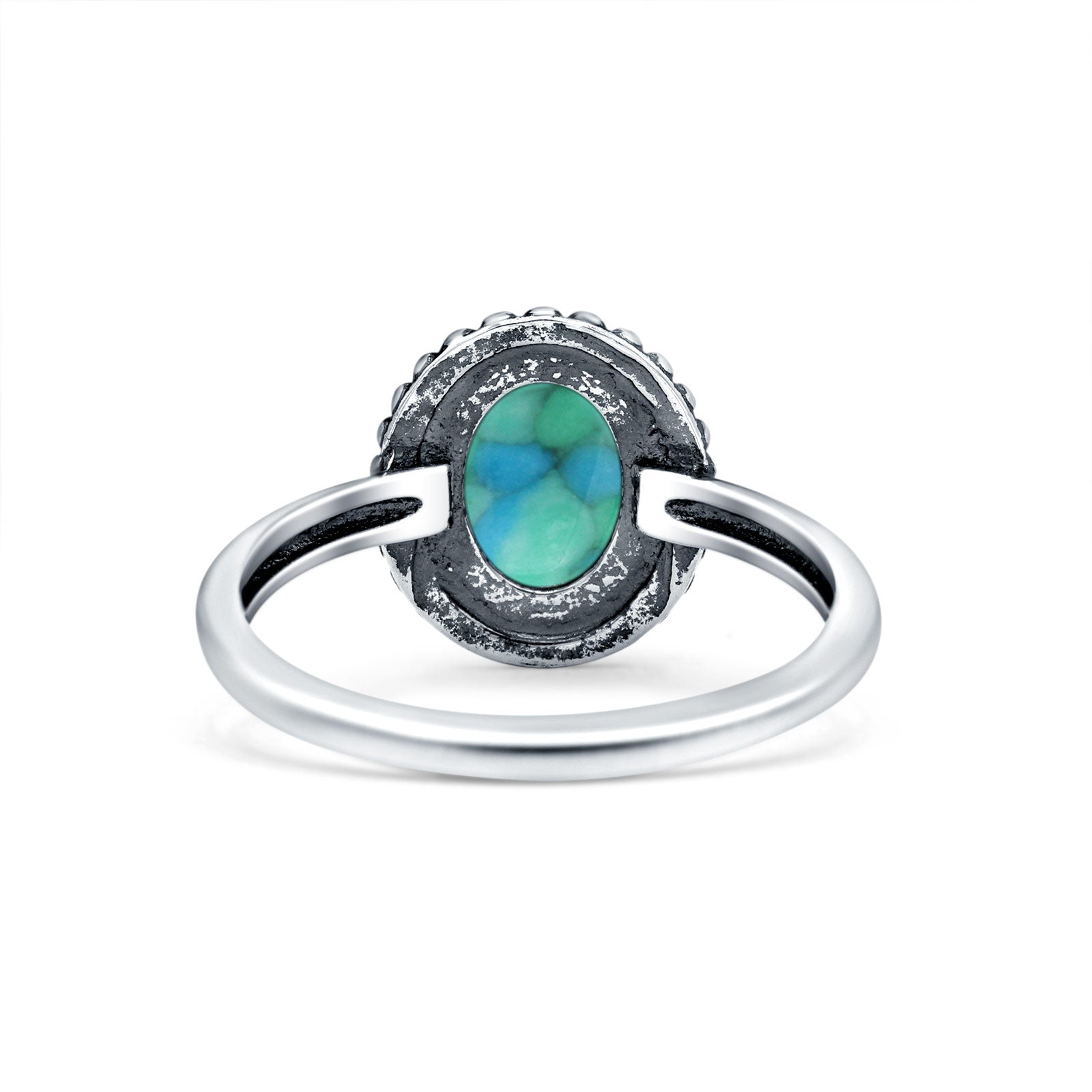 Petite Dainty Lab Opal Ring Solid Round Oxidized Simulated Turquoise 925 Sterling Silver