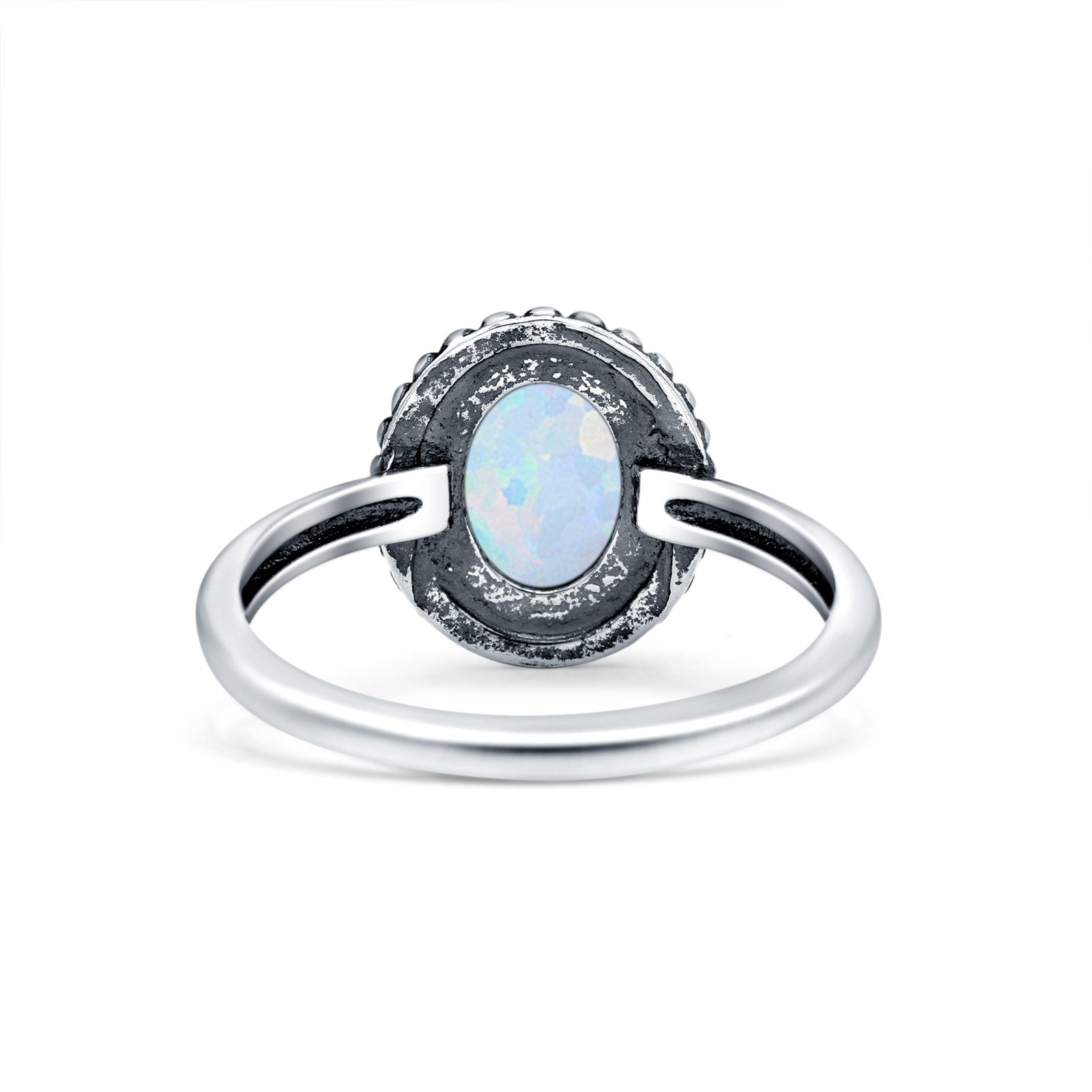 Petite Dainty Lab Opal Ring Solid Round Oxidized Lab Created White Opal 925 Sterling Silver