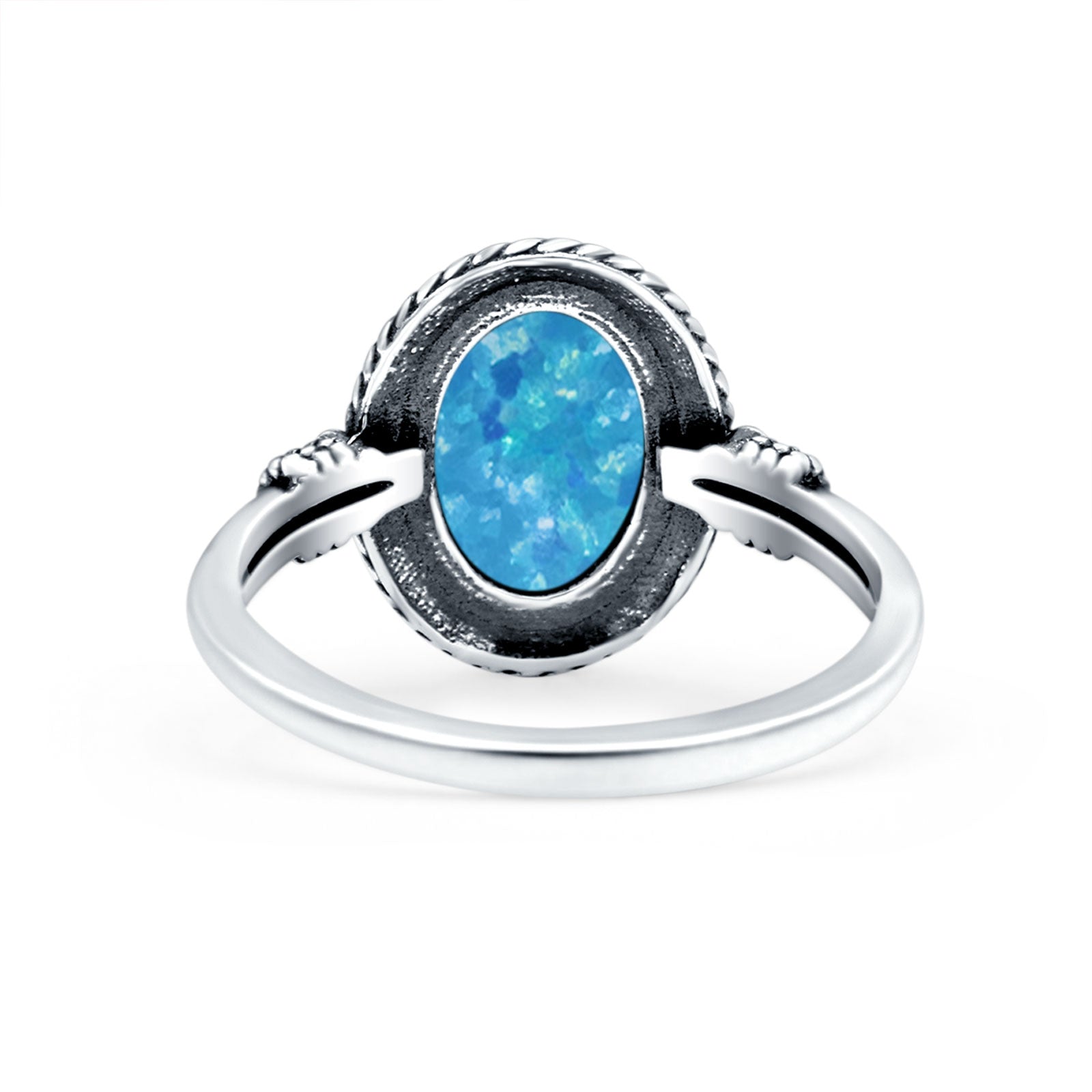 Petite Dainty Vintage Style Lab Created Blue Opal Ring Solid Oval Oxidized 925 Sterling Silver