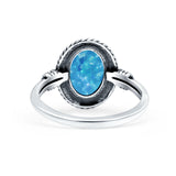 Petite Dainty Vintage Style Lab Created Blue Opal Ring Solid Oval Oxidized 925 Sterling Silver