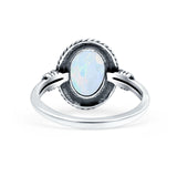 Petite Dainty Vintage Style Lab Created White Opal Ring Solid Oval Oxidized 925 Sterling Silver