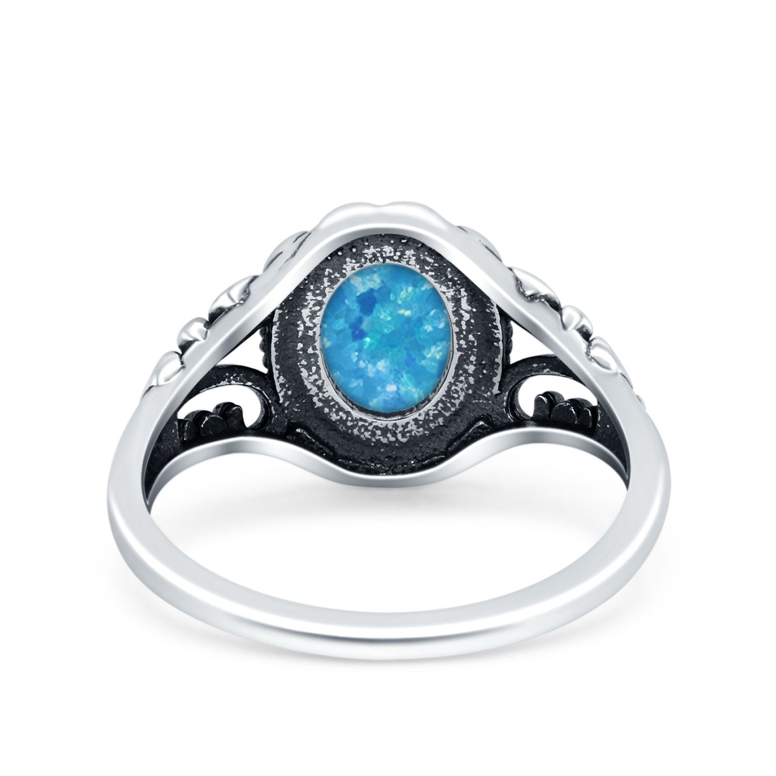 Petite Dainty Vintage Style Oval Ring Solid Lab Created Blue Opal 925 Sterling Silver