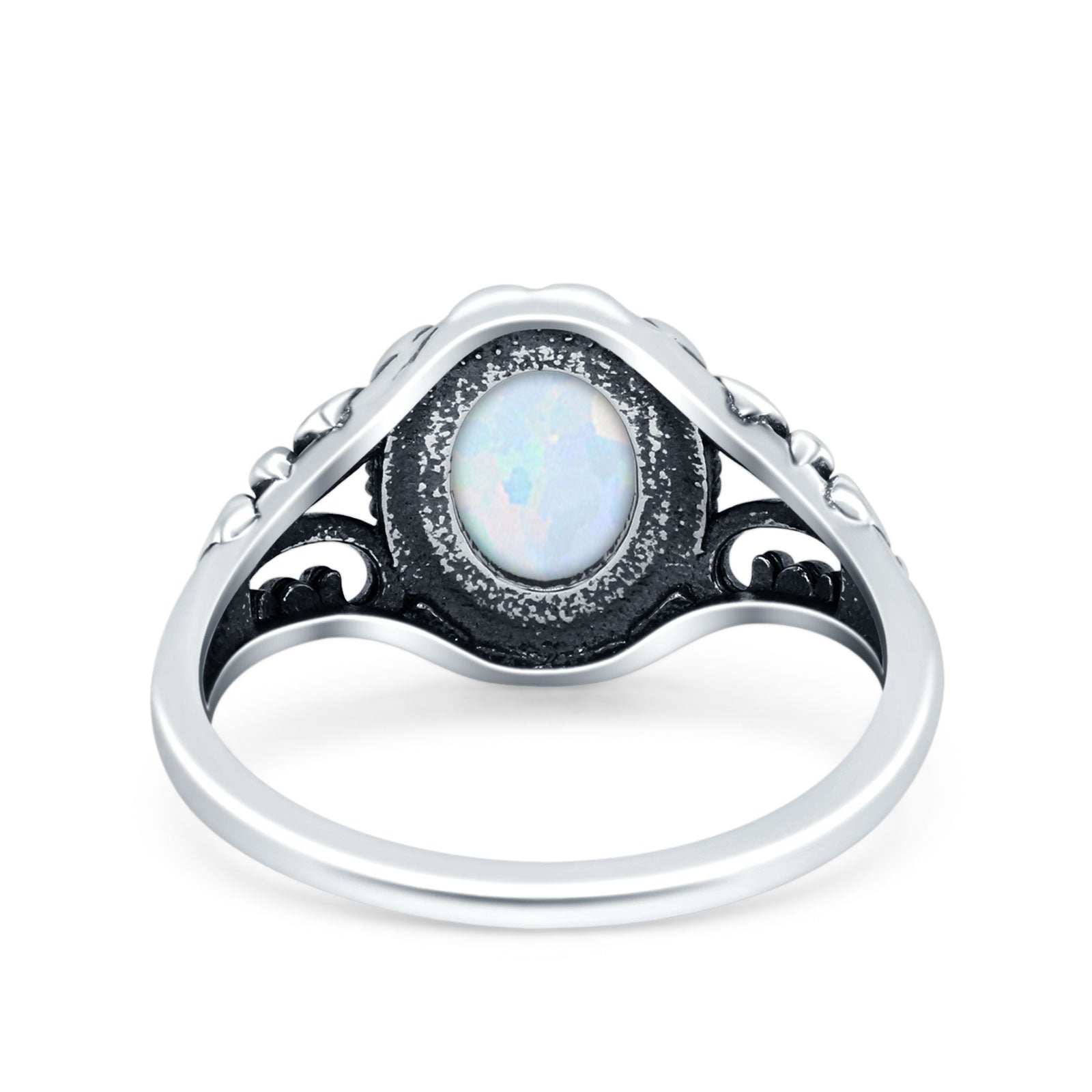 Petite Dainty Vintage Style Oval Ring Solid Lab Created White Opal 925 Sterling Silver