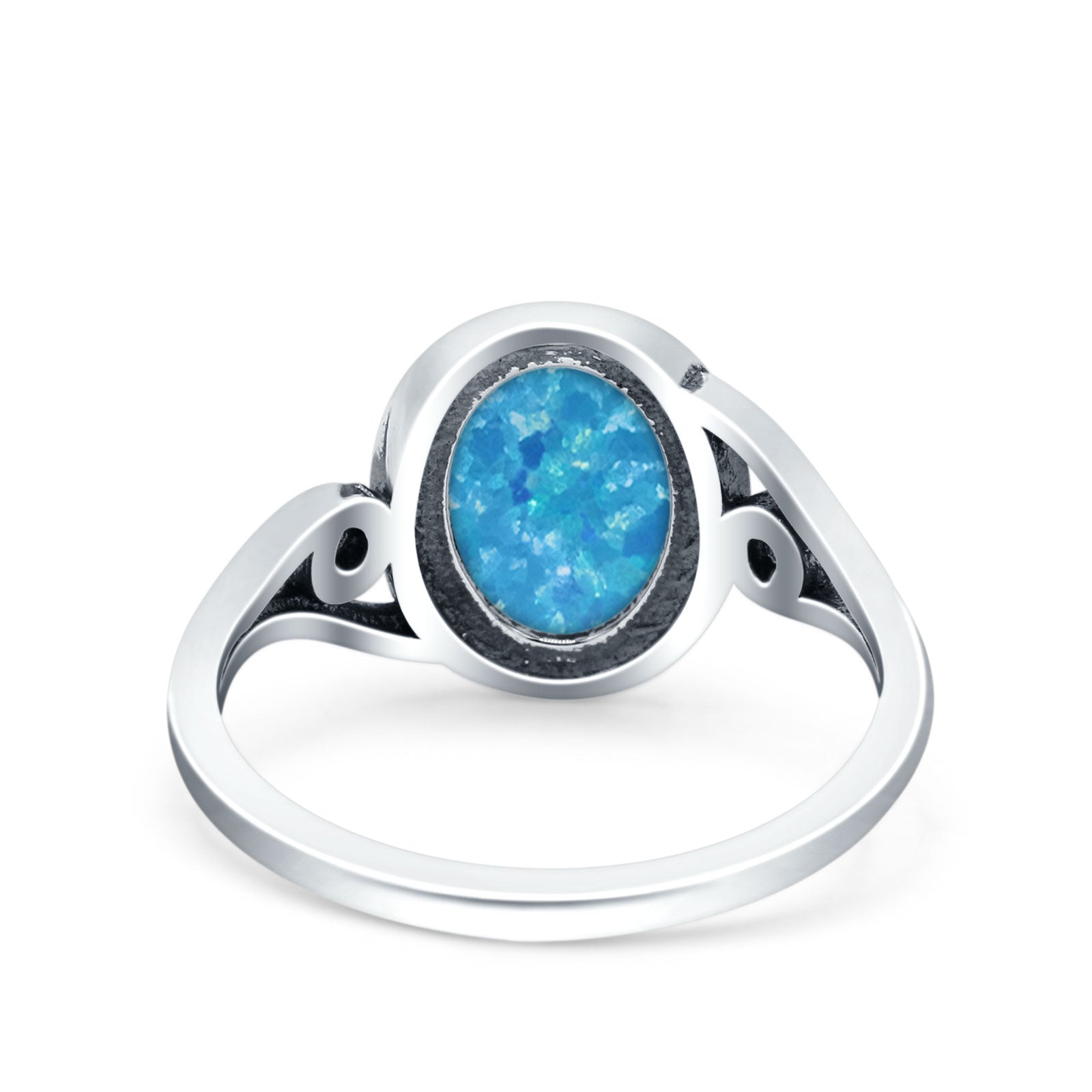Petite Dainty Oval Vintage Style Ring Oxidized Lab Created Blue Opal Solid 925 Sterling Silver