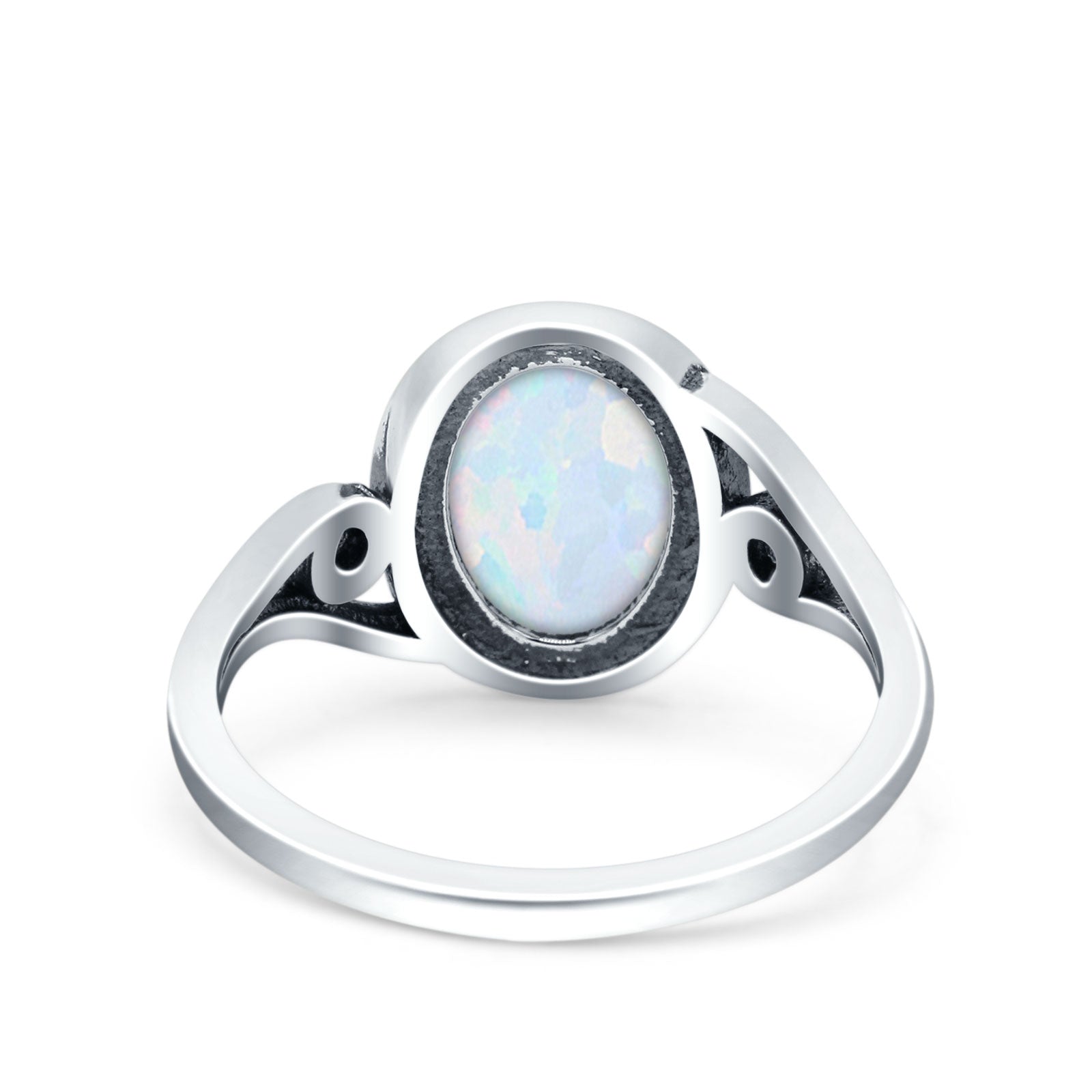 Petite Dainty Oval Vintage Style Ring Oxidized Lab Created White Opal Solid 925 Sterling Silver