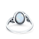 Petite Dainty Oval Vintage Style Ring Oxidized Lab Created White Opal Solid 925 Sterling Silver