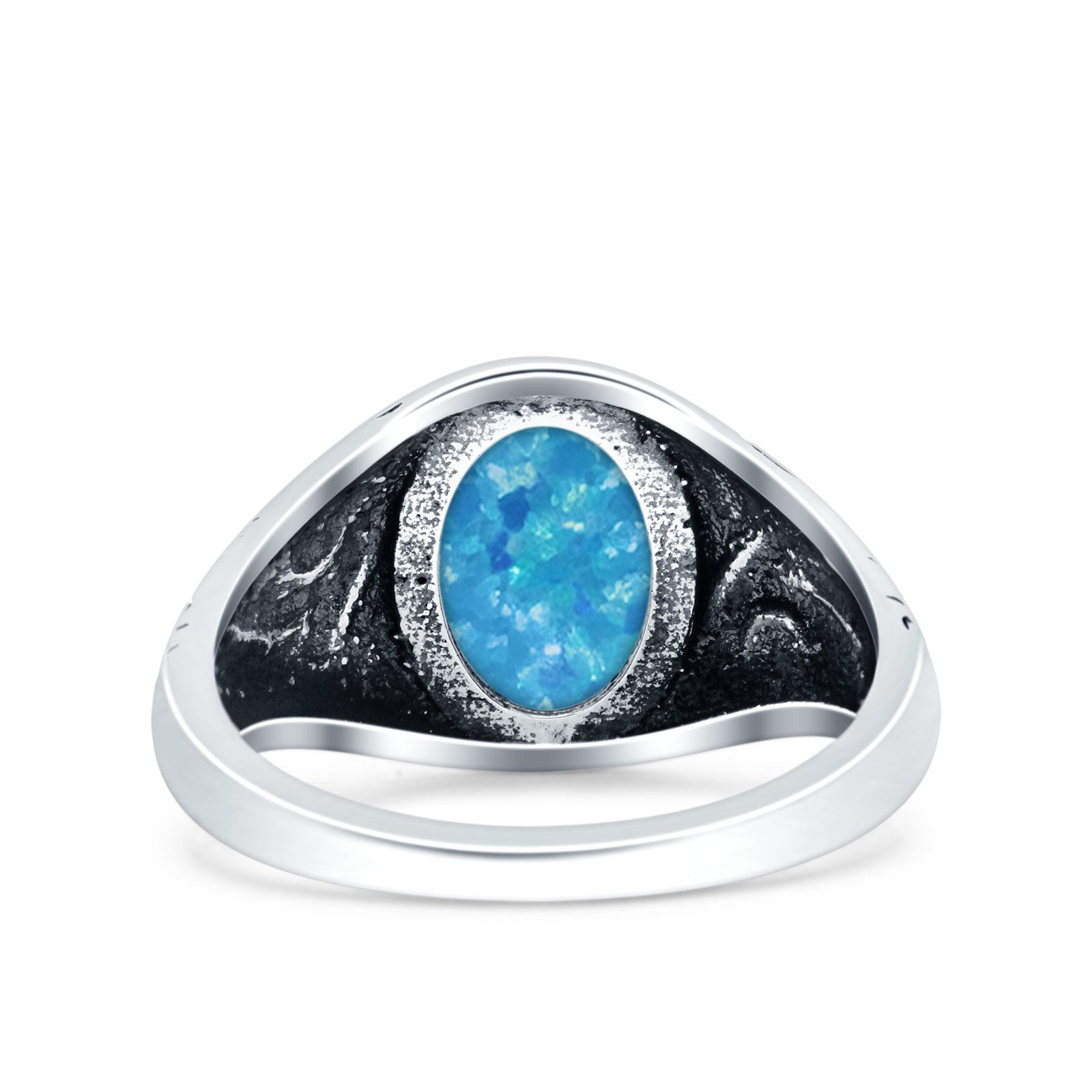 Filigree Vintage Style Lab Opal Ring Solid Oval Oxidized Lab Created Blue Opal 925 Sterling Silver