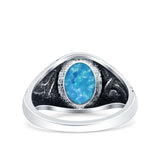 Filigree Vintage Style Lab Opal Ring Solid Oval Oxidized Lab Created Blue Opal 925 Sterling Silver