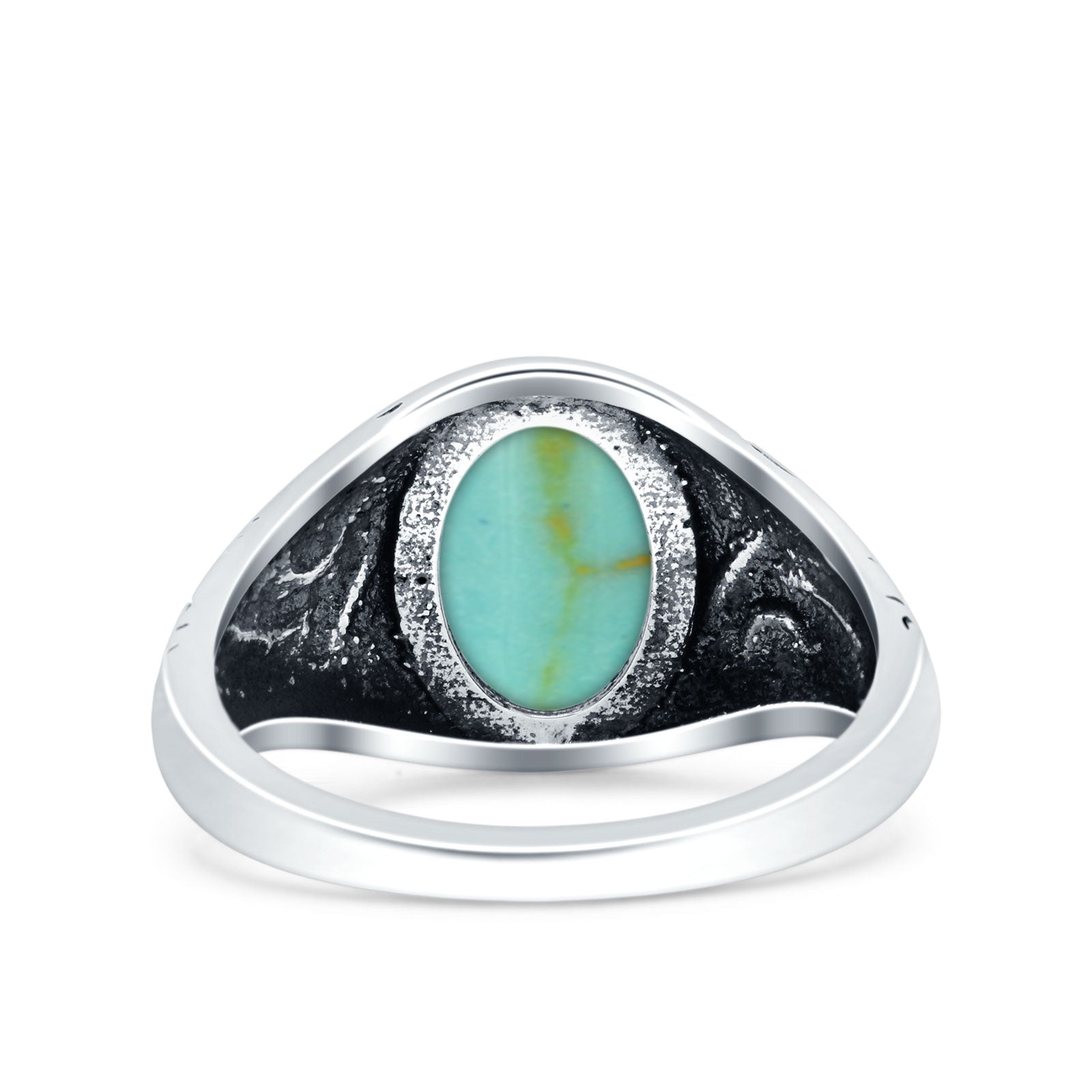 Filigree Vintage Style Lab Opal Ring Solid Oval Oxidized Simulated Turquoise 925 Sterling Silver