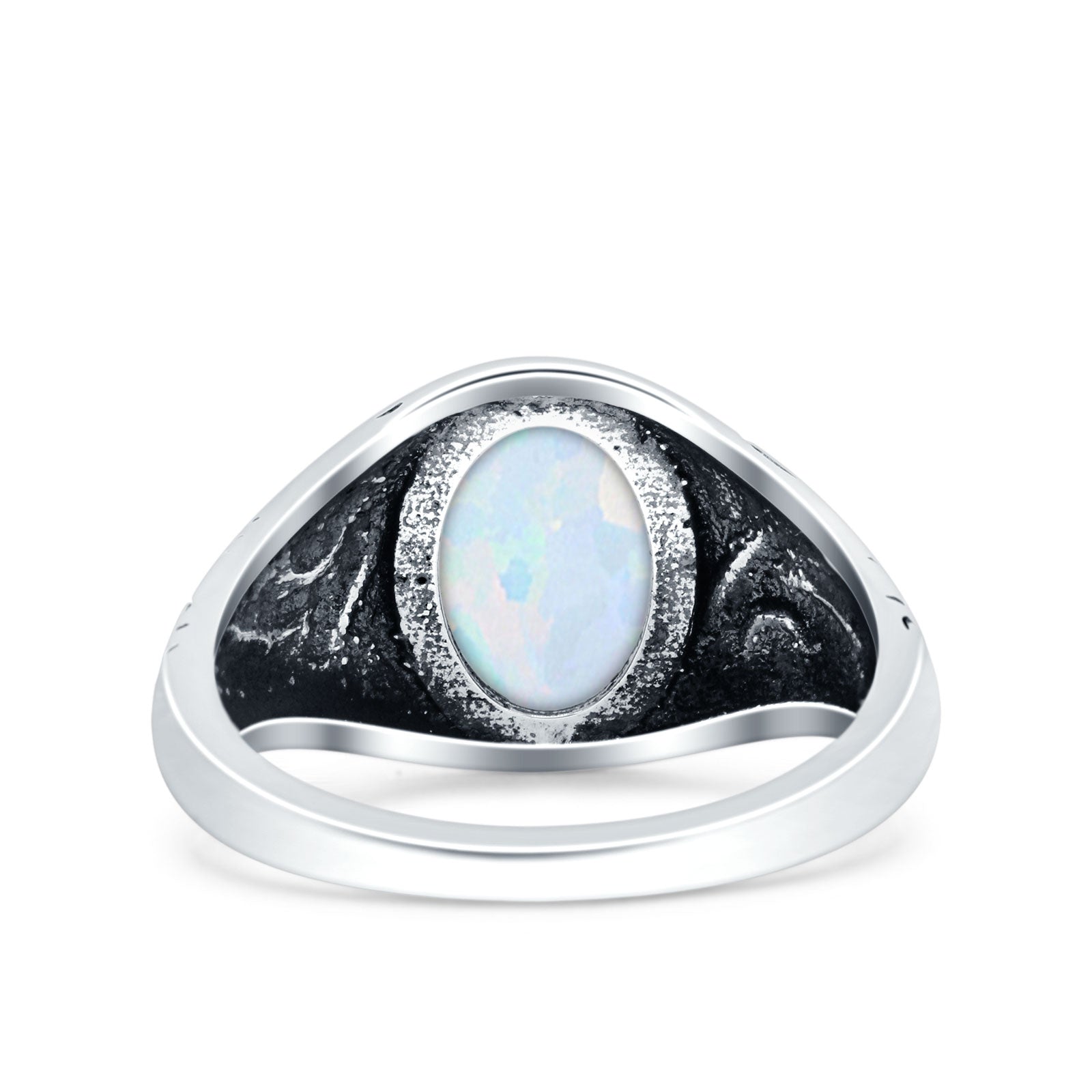 Filigree Vintage Style Lab Opal Ring Solid Oval Oxidized Lab Created White Opal 925 Sterling Silver