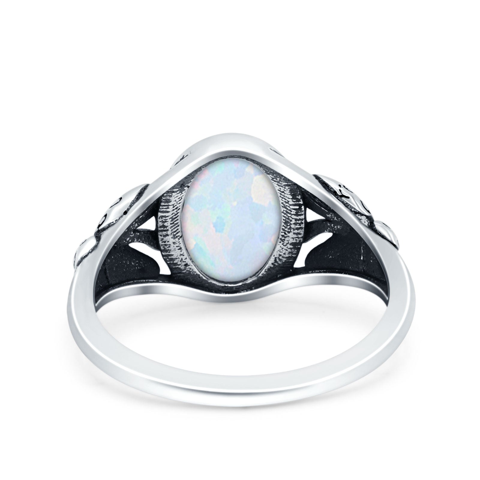 Petite Dainty Butterfly Lab Opal Ring Solid Oval Oxidized Lab Created White Opal 925 Sterling Silver