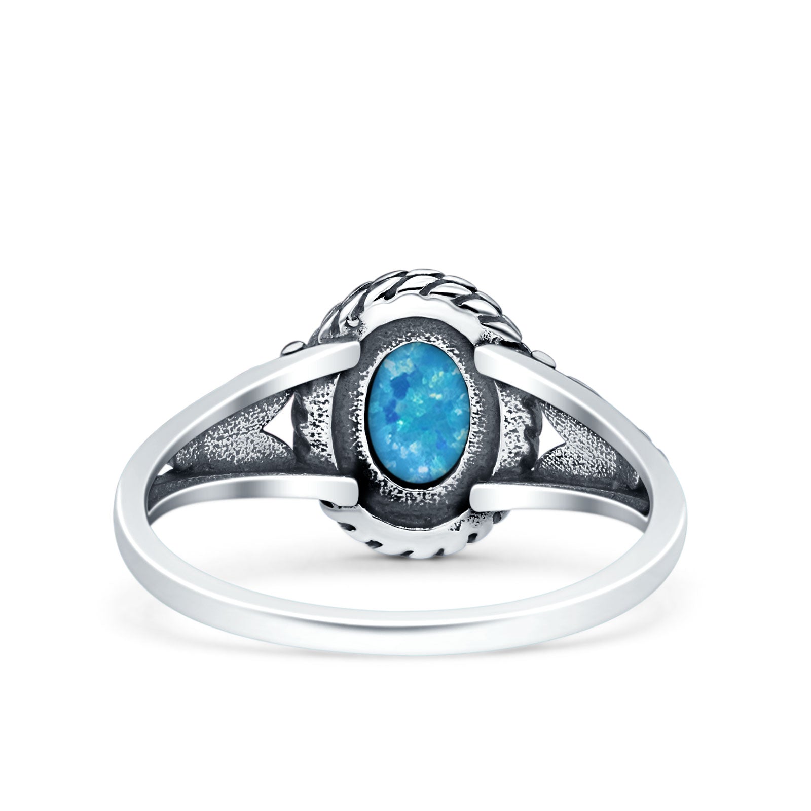 Filigree Petite Dainty Lab Opal Ring Solid Oval Oxidized Lab Created Blue Opal 925 Sterling Silver