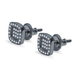 Square Cushion Shape Black Tone, Simulated CZ Stud Earrings Screw-Back Round Pave 925 Sterling Silver