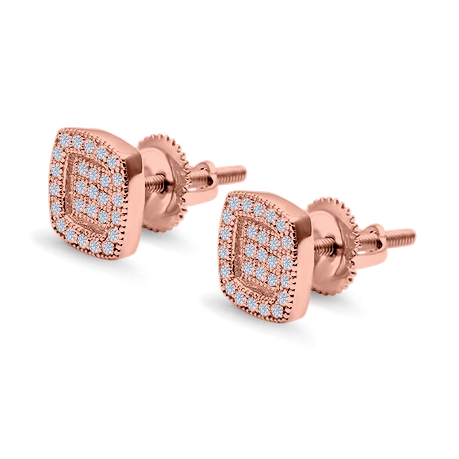 Square Cushion Shape Rose Tone, Simulated CZ Stud Earrings Screw-Back Round Pave 925 Sterling Silver