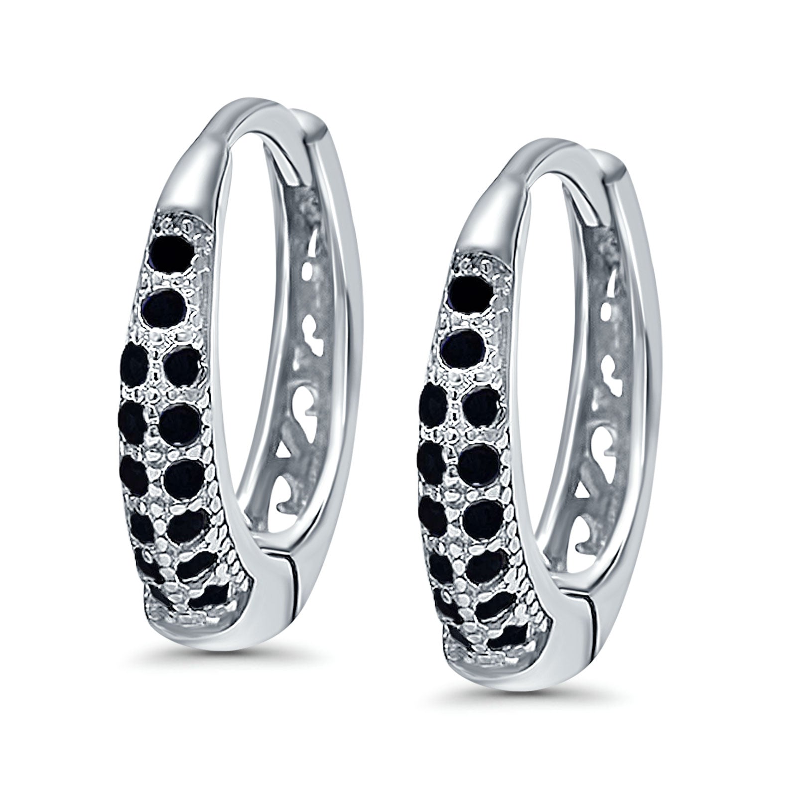 Eternity Huggie Hoop Earrings Channel Round Simulated Black CZ 925 Sterling Silver (14mm)