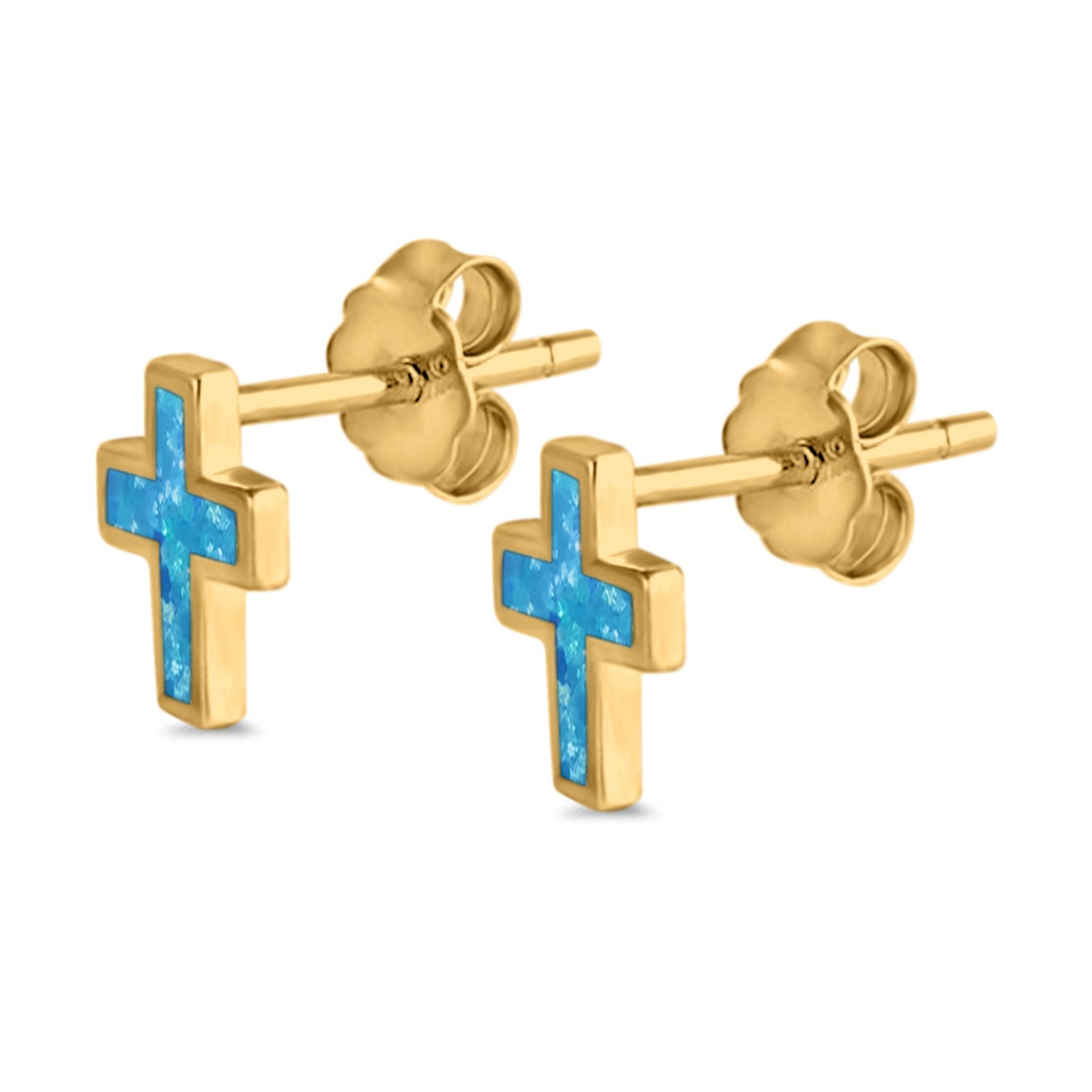 Cross Stud Earrings Yellow Tone, Lab Created Blue Opal 925 Sterling Silver