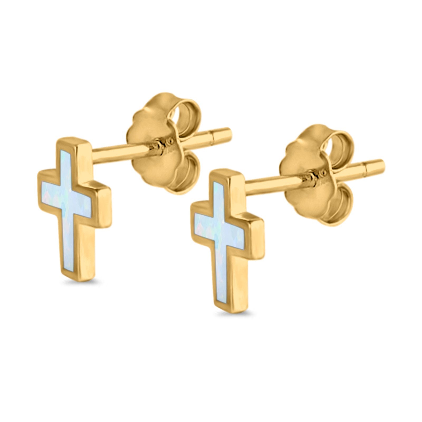 Cross Stud Earrings Yellow Tone, Lab Created White Opal 925 Sterling Silver