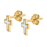 Cross Stud Earrings Yellow Tone, Lab Created White Opal 925 Sterling Silver