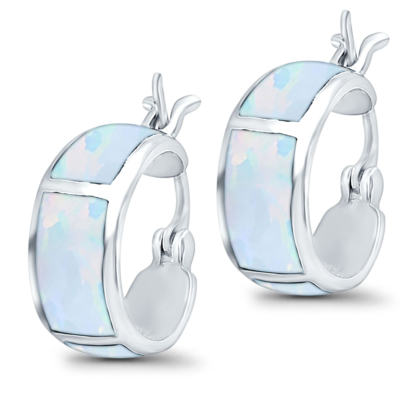 Hoop Huggies Earrings Irregular Shape Lab Created White Opal 925 Sterling Silver
